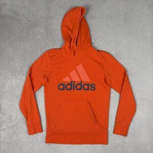 Adidas Hoodie Men's Small Orange Center Logo Spell Out Pullover Sweatshirt EUC